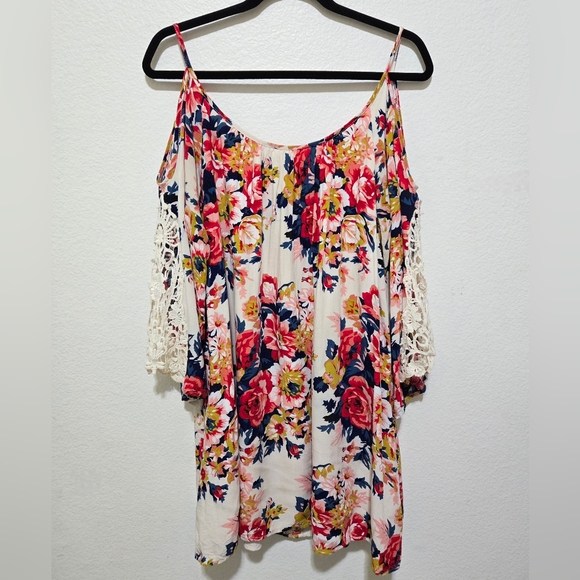 Umgee Floral Cold Shoulder Tunic Mini Dress Crochet Lace Sleeves Size Medium - Picture 2 of 11